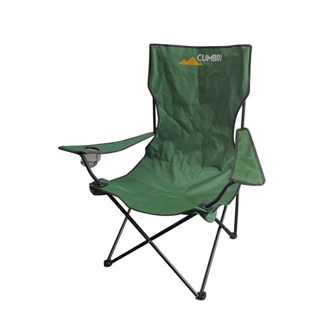 A large, foldable portable camping chair in green with armrests and a logo on the back.