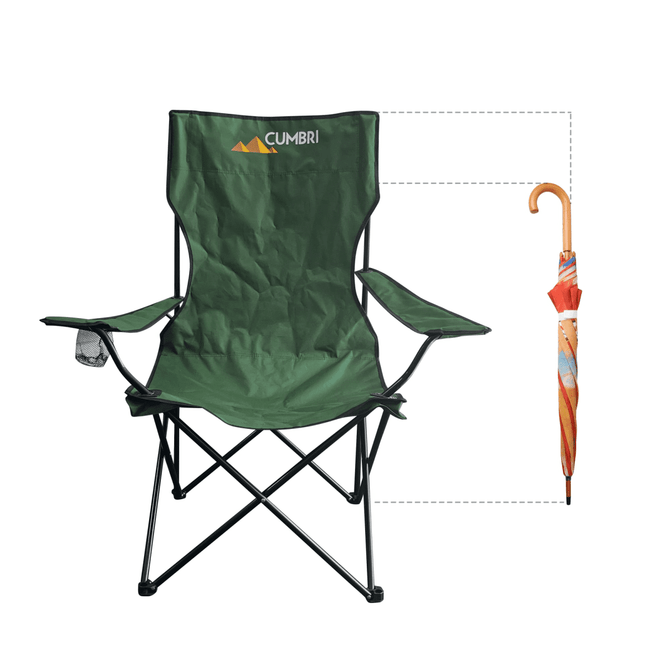 A green foldable camping chair with black metal legs, alongside a colourful umbrella, features a logo.