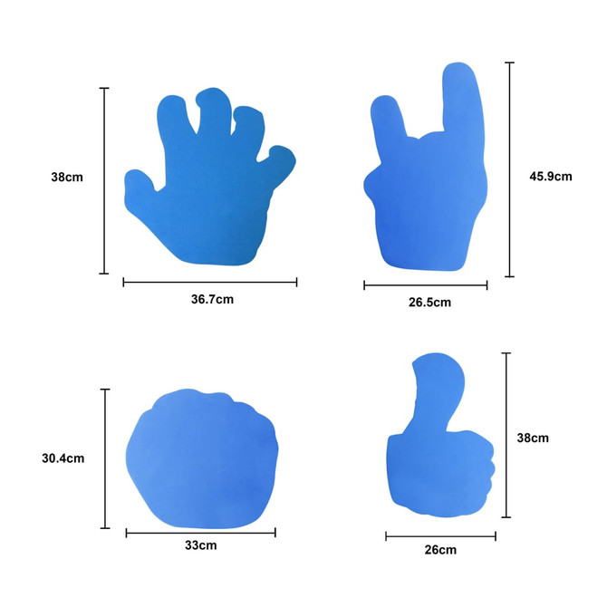 Four blue foam mitts in various hand shapes, each with specific dimensions listed.