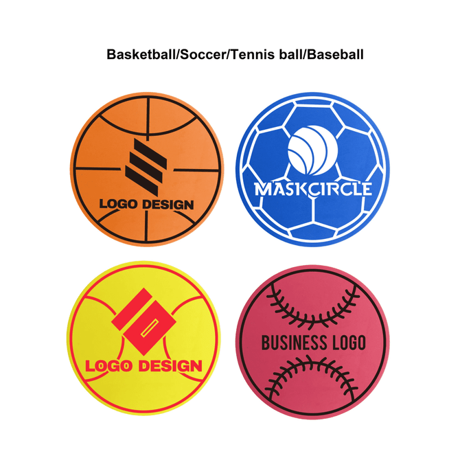 Four round sports-themed mats in orange, blue, yellow, and pink, featuring various designs and a logo on each.
