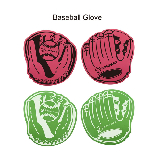 Four foam baseball mitts in pink and green, each featuring a logo, styled with a glove design.