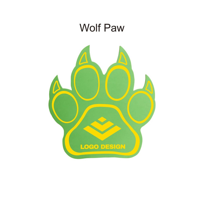 A green paw-shaped foam mitt featuring a logo design. The mitt has detailing in yellow on the pads and claws.