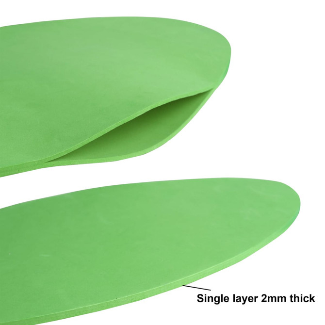 A green mini foam mitt with a smooth texture, featuring a single layer 2mm thickness. Includes visible branding.