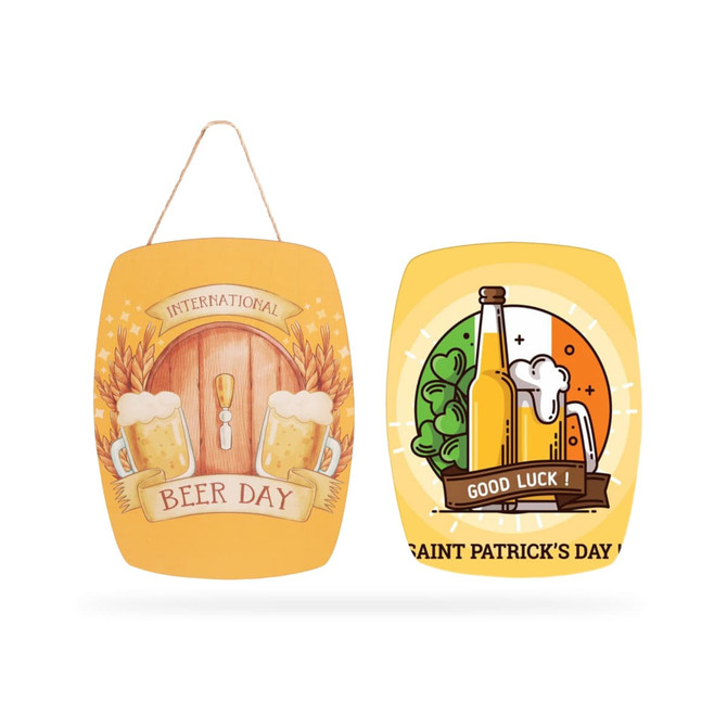 A wooden sign board featuring yellow and multi-coloured designs for beer-themed celebrations with a hanging cord.