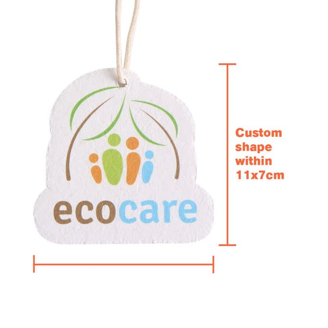 A custom-shaped eco-friendly tag in white with a multicoloured logo, featuring green leaves and people icons.