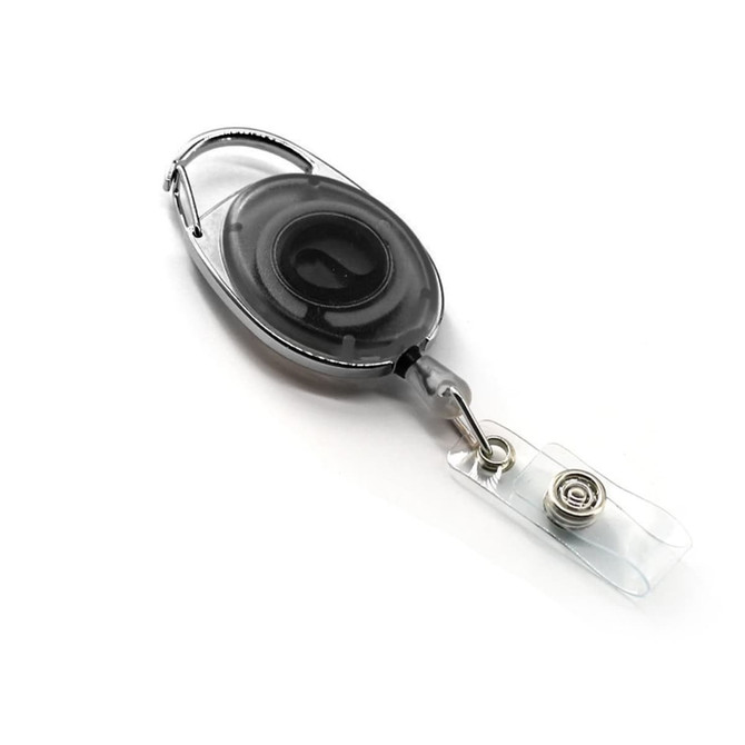 A retractable oval card holder in black, featuring a silver clip and a transparent card attachment.