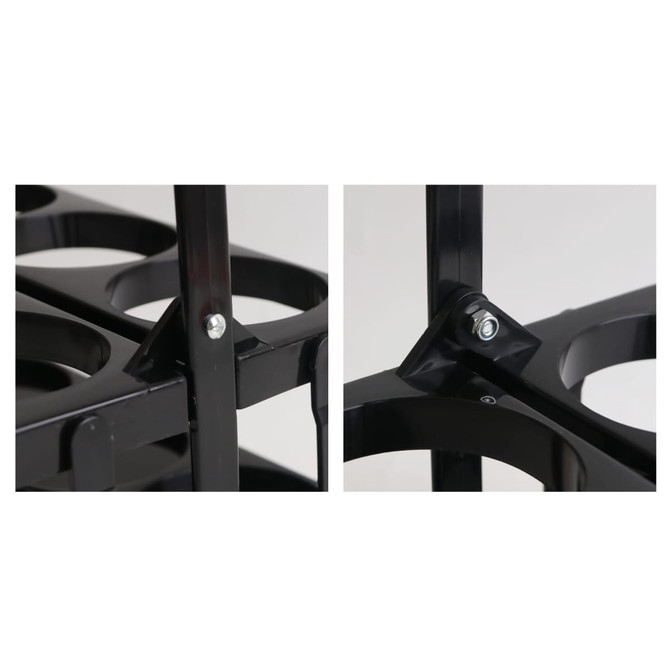 A foldable beer basket in black, featuring cup holders and metal fastenings for stability. It has a sleek design and a logo.