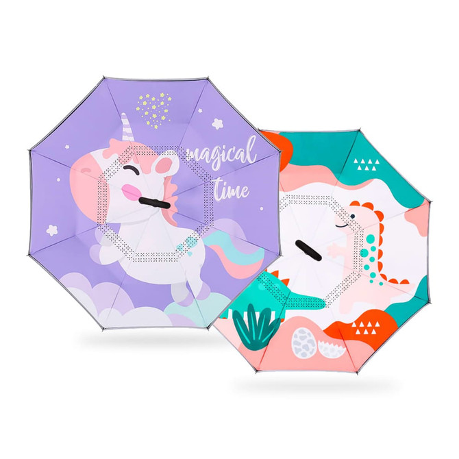 A children's reversible folding umbrella featuring a unicorn design in purple and a colourful pattern on the opposite side.