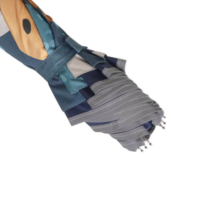 A children's reversible folding umbrella featuring a vibrant design in blue and orange, with a grey handle and detailing.