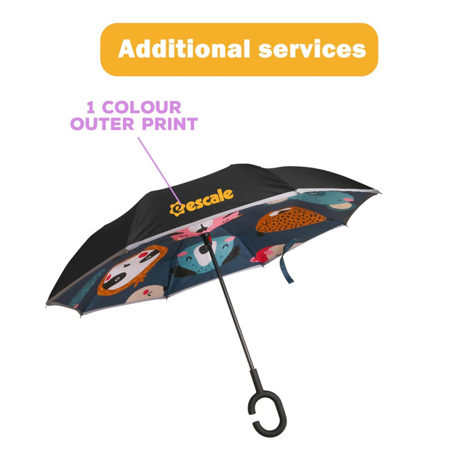 A children's reversible folding umbrella featuring a colourful inner design and a black outer layer, with a logo.