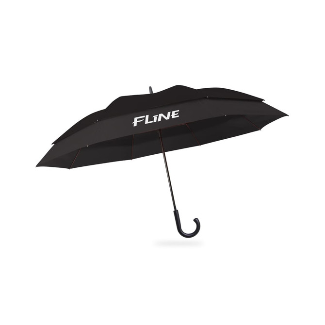 A black expandable golf umbrella with a curved handle and a logo on the canopy.