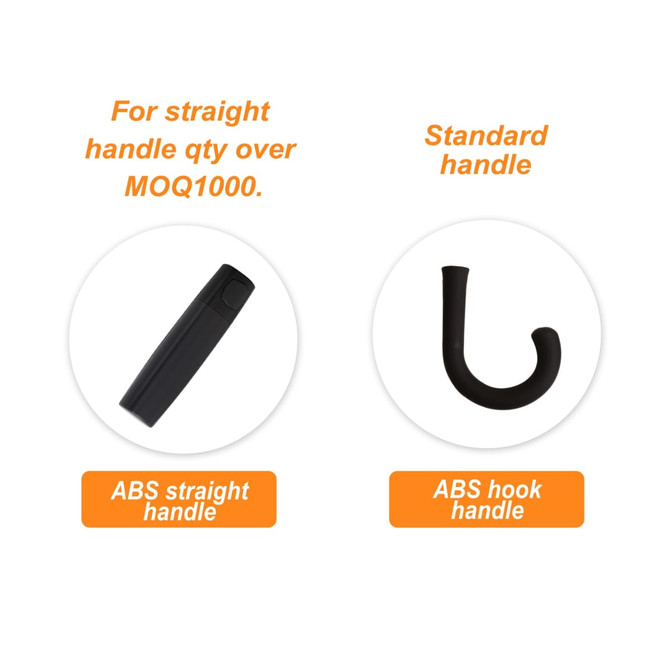 Two types of black handles for umbrellas: an ABS straight handle and an ABS hook handle, both featuring logos.