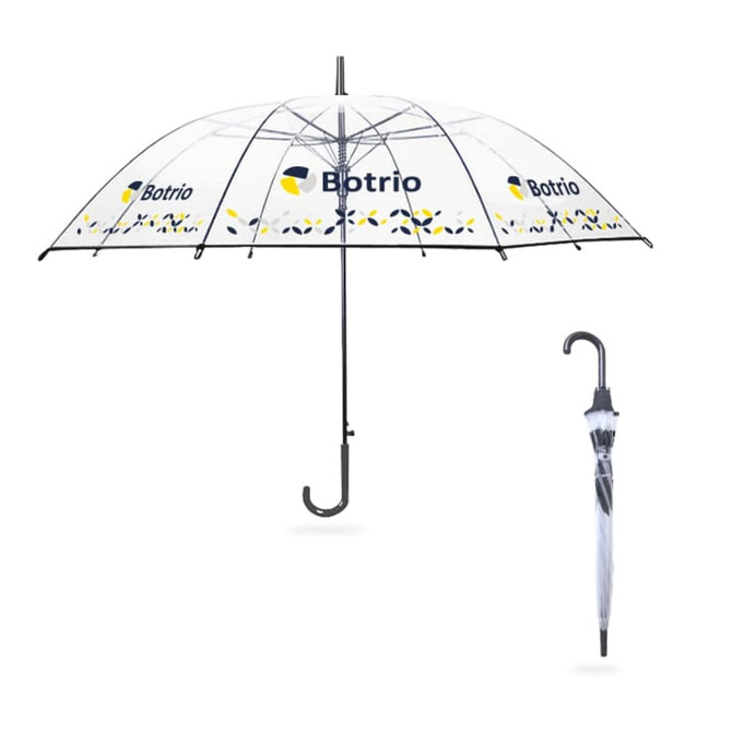 A transparent, eight-panel umbrella with a black frame and a curved handle, featuring a logo.