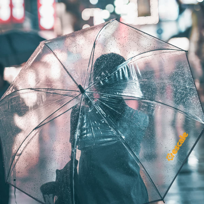 A transparent eight-panel umbrella with water droplets, featuring a branding logo on one panel.