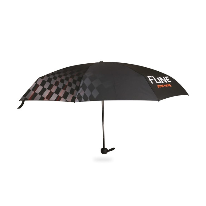 A black mini folding umbrella with a checkered design and a logo on it, accompanied by a protective case.