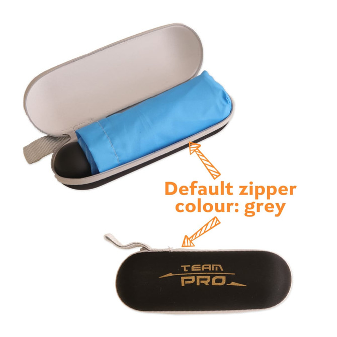 A mini folding umbrella in a grey case, featuring a blue canopy and a zipper. The case has a logo.