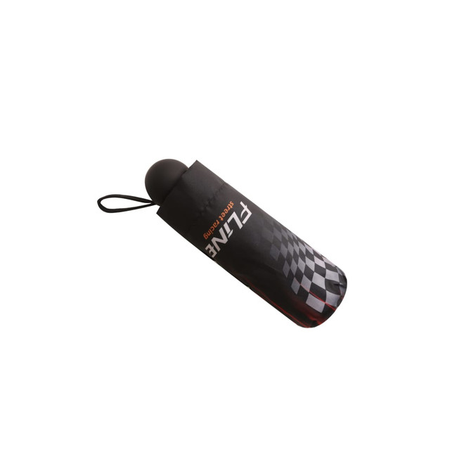 A mini folding umbrella in black with a checkered pattern case, featuring a loop for easy carrying and a round handle.