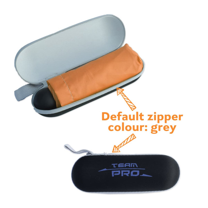 A mini folding umbrella in an orange pouch, stored in a grey case with a logo.