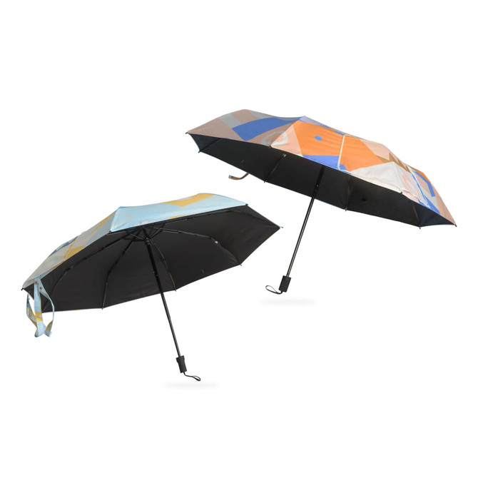 A folding umbrella in shades of blue and orange, featuring a unique design, with a black handle and a logo.
