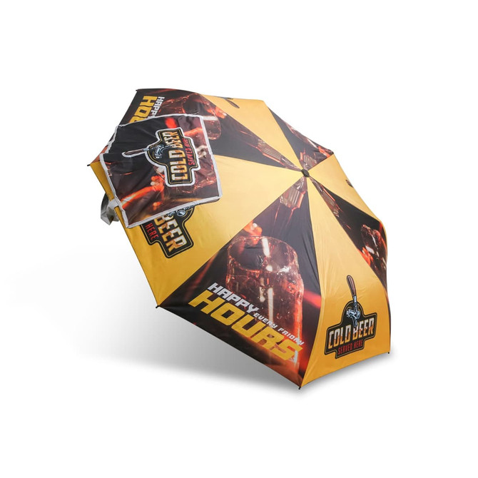 A folding umbrella featuring a bold yellow and black design with themed graphics and a logo.