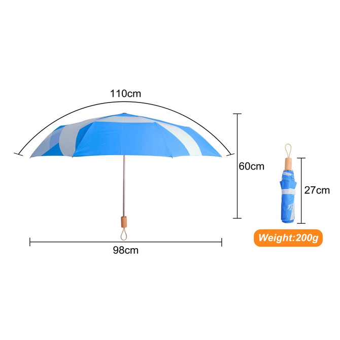 A lightweight blue umbrella with a wooden handle, measuring 110cm across when open and 27cm when closed.