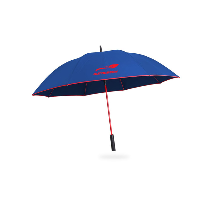 A blue and red umbrella with a handle, featuring a logo on the canopy.