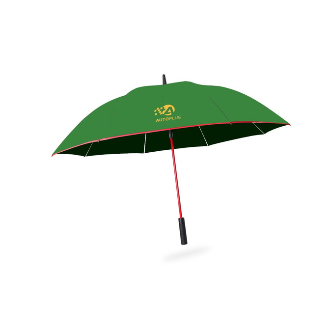 A green umbrella with a red underside and a black handle, featuring a logo.