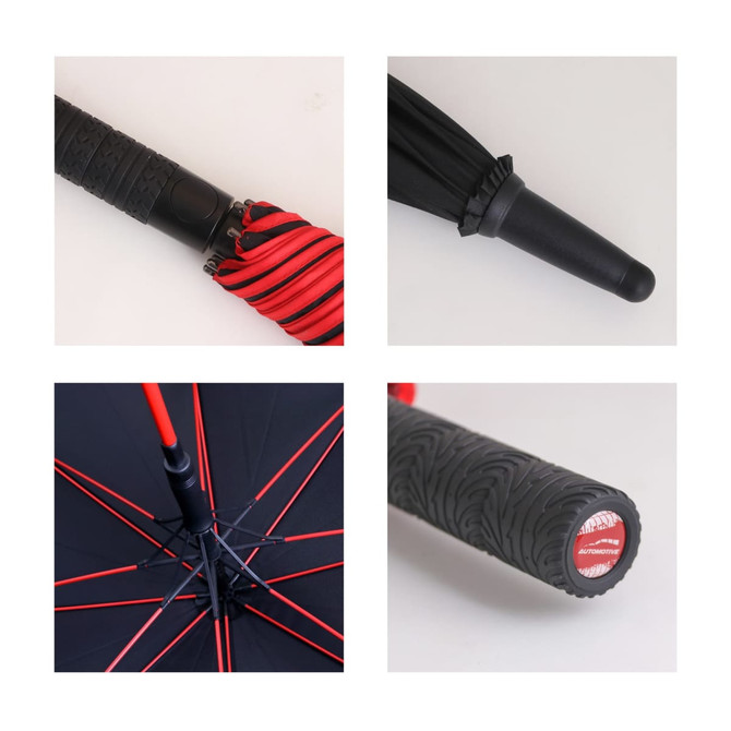 A black and red umbrella featuring a textured handle and a logo. The image includes multiple angles showcasing its design.