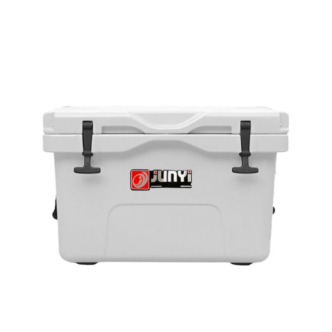 A 25L cooler box in white with black handles and a logo on the front.