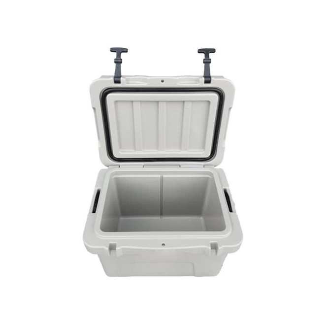 A 25L cooler box in light grey with a removable lid and sturdy handles, featuring an interior without contents.