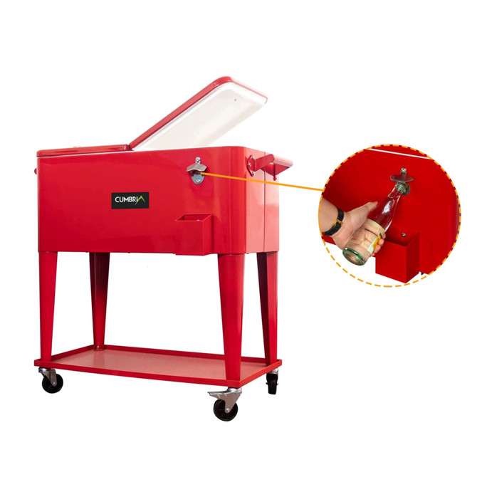 A red 75L cooler box trolley with a raised lid, featuring a bottle opener and a logo, mounted on wheels.