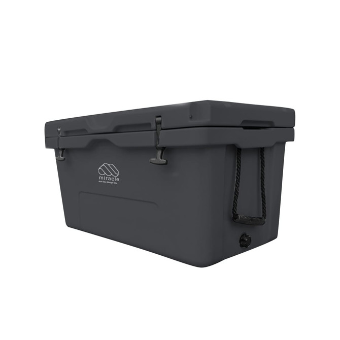 A grey 85L cooler box featuring a robust design, with a logo on the side and secure latches.