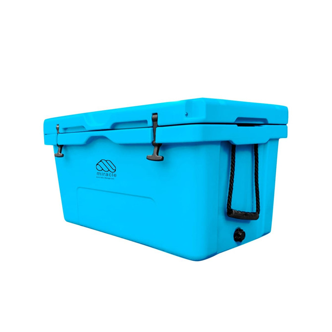 A blue 85L cooler box with a logo, featuring sturdy latches and a portable design.
