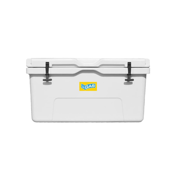 A white 85L cooler box with black clips and a branding logo on the front.