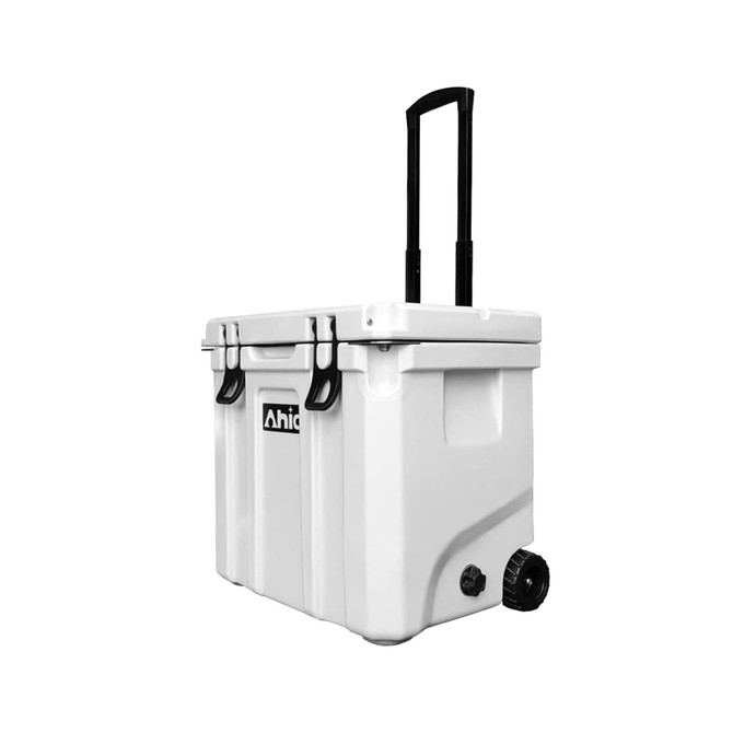A white cooler box with wheels and a retractable handle, featuring a logo on the front.