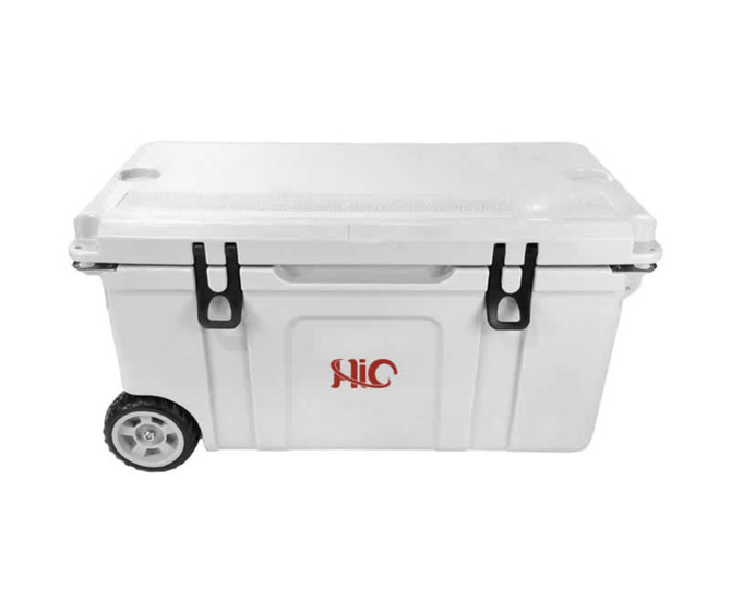 A white 75L cooler box with wheels, featuring a secure lid and black latches, accompanied by a logo.