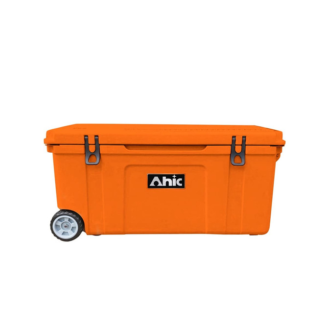 An orange 120L cooler box with wheels and a logo on the front, featuring sturdy latches.
