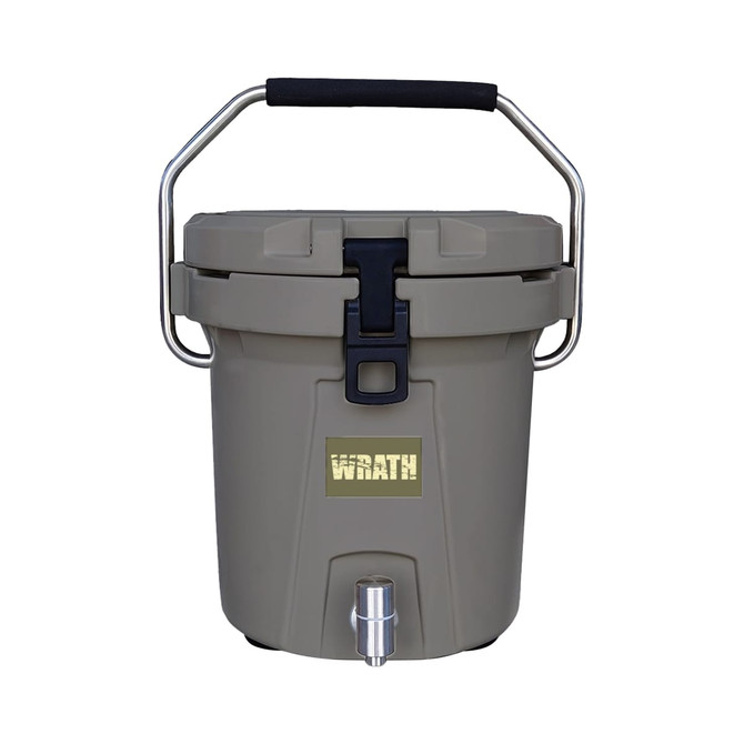 A grey 7L ice bucket with a black handle and silver faucet, featuring a logo on the front.