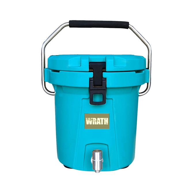 A turquoise ice bucket with a silver faucet and black handle, featuring a logo on the front.