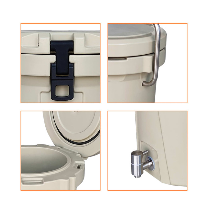 A light beige ice bucket featuring a secure latch, handle, and a faucet for easy dispensing. Includes a logo.