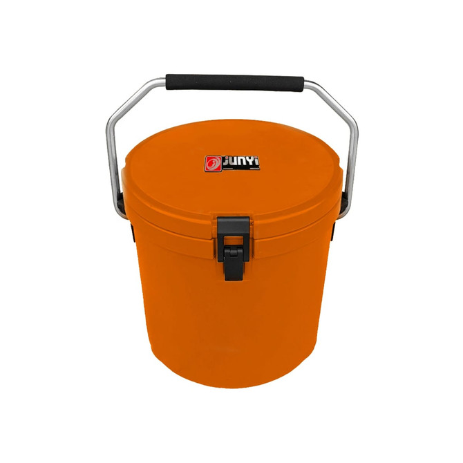 An orange 12L ice bucket with a sturdy handle and a lid, featuring a logo on the front.