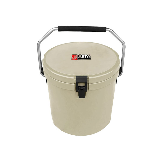 A 12L ice bucket in light beige with a black handle and lid, featuring a logo on the front.