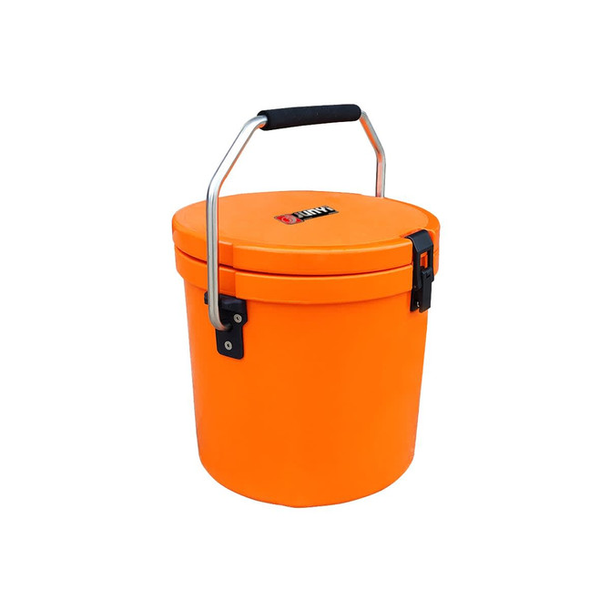 An orange 12L ice bucket with a silver handle and a locking mechanism, featuring a logo on the lid.