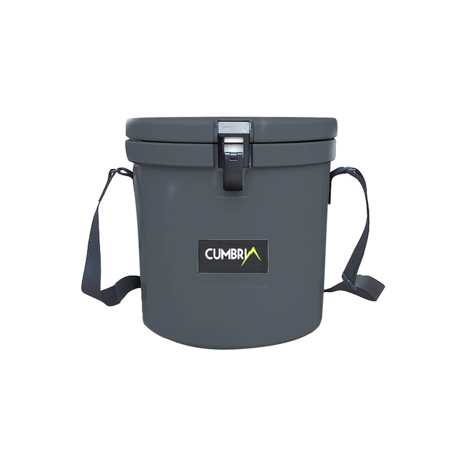A grey 12L ice bucket featuring a handy rope and a logo on the front.