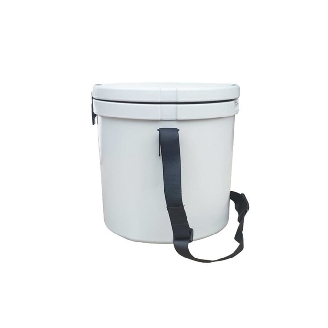 A white 12L ice bucket with a black strap, featuring a secure lid and a simple design.