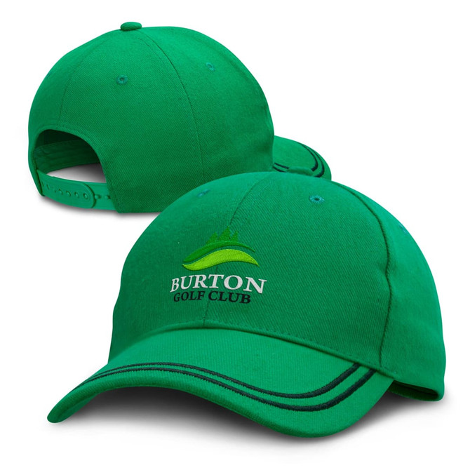 A green cap featuring a logo, with a curved peak and adjustable strap at the back.