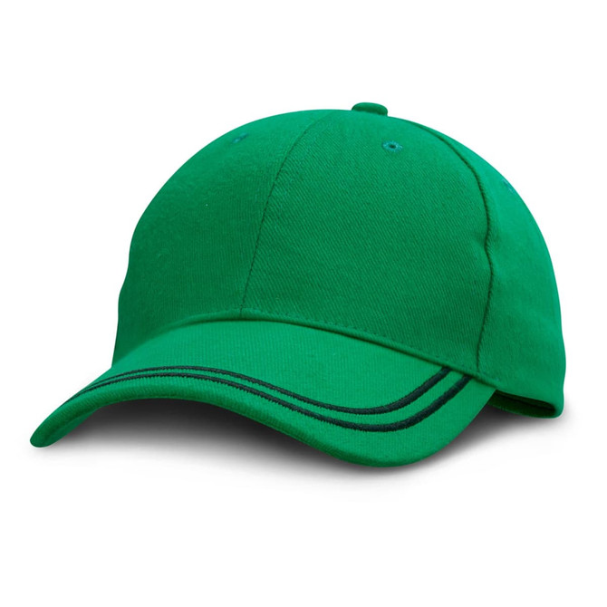 A green cap with a curved brim and contrasting black stripes, featuring a logo on the front.