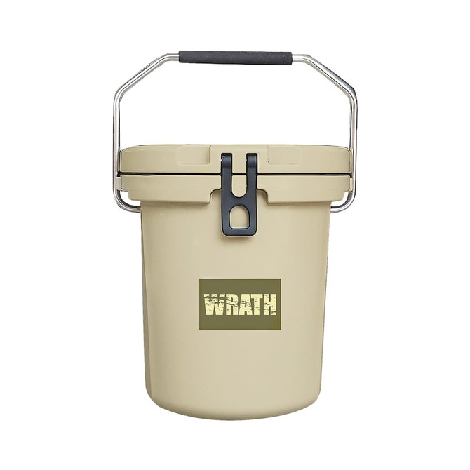 A 15L ice bucket in a light tan colour with a black handle and a logo on the front.