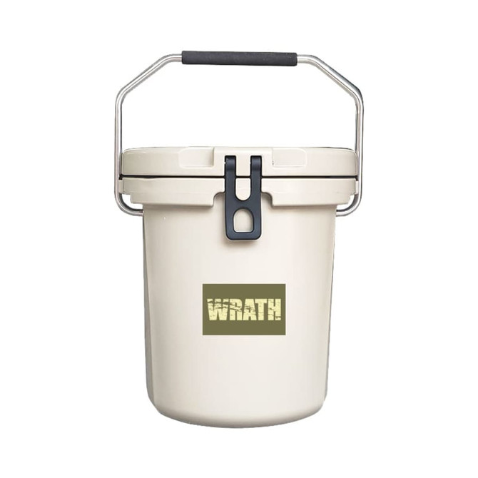 A cream-coloured ice bucket with a black handle and a logo on the front.