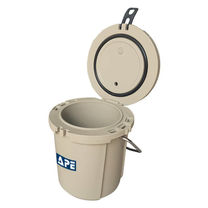 A beige 15L ice bucket with a handle and a secure lid, featuring a branding logo.